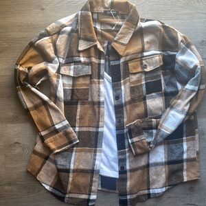 Plaid Flannel  Button-Up Shirt - Brown, Black, White